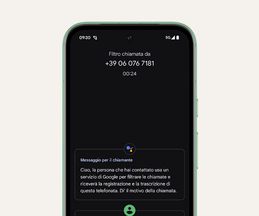 Pixel 8a filtra una chiamata e fornisce una trascrizione del motivo della chiamata.