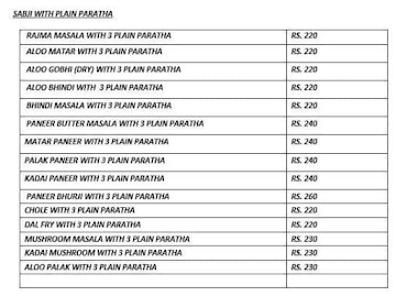 Delhi Wala Paratha menu 