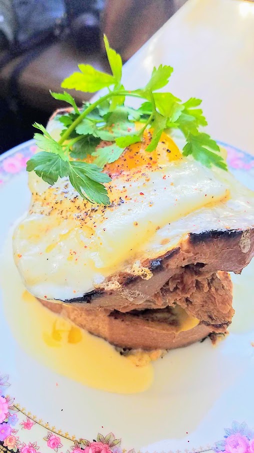 Brunch at St. Jack's: fried chicken croque madame with brioche, gruyere, mornay, and fried egg.