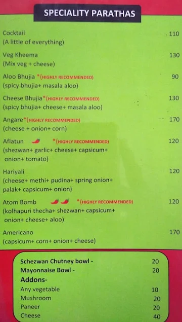 Yummy Parathas menu 