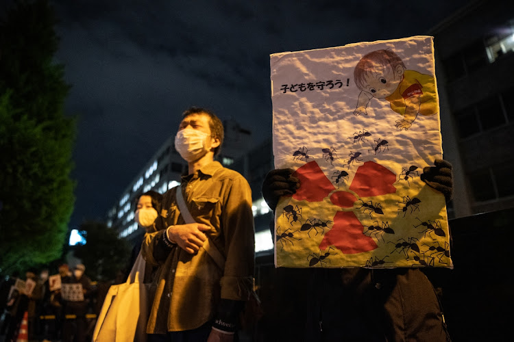 People demonstrate outside the prime minister's official residence on April 13 2021 in Tokyo, Japan over the owner of Fukushima nuclear plant being allowed to discharge wastewater into the ocean. Picture: GETTY IMAGES/TAKASHI AOYAMA