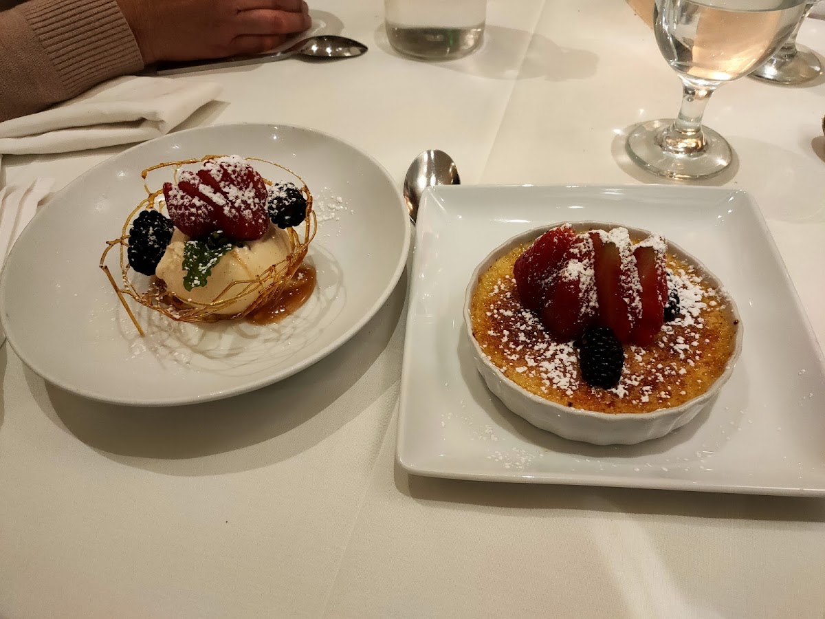Crème brulee and vanilla ice cream with caramel sauce