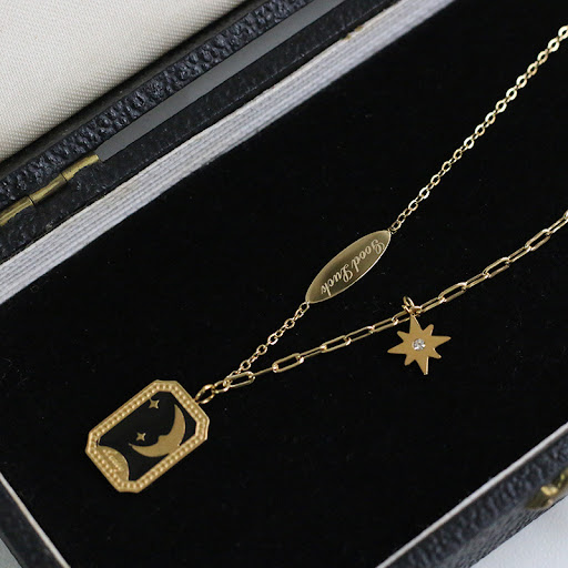 Title 10, Retro Star Moon Myth Epoxy Black Enamel Necklac...