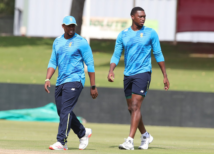 Sisanda Magala (L) with his Proteas teammate Lungi Ngidi during training at SuperSport Park in Centurion March 30 2021.