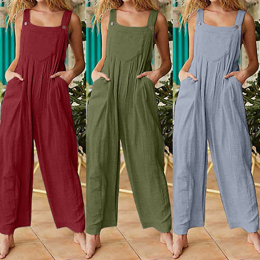 Title 5, Womens Solid Color Side Pocket Loose Overalls
