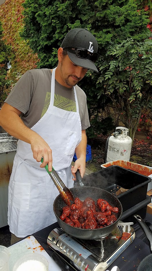 Tommy Habetz of Bunk Sandwiches and Pizza Jerk chicken was Korean Fried Chicken with apples, kimchee, and Willapa Hills Big Boy Blue Side for Feast PDX Go Get You Some Picnic