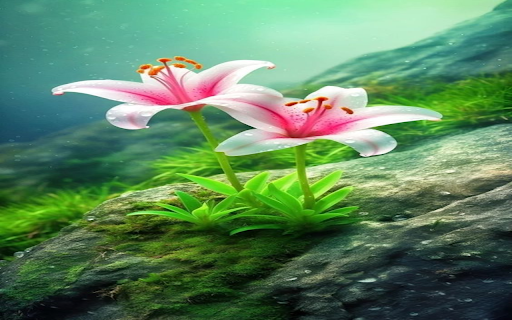 Pink lilies growing on rocks Wallpaper