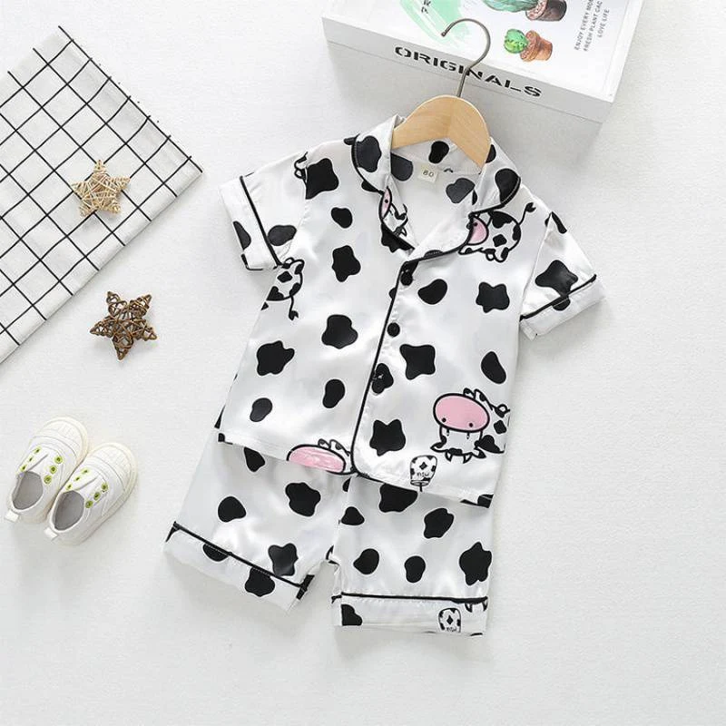 Pijamas de manga corta de seda helada para niños primavera verano, transpirables y suaves, perfectos para noches frescas y un sueño confortable
