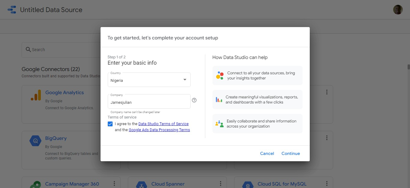 Setup your google data studio account