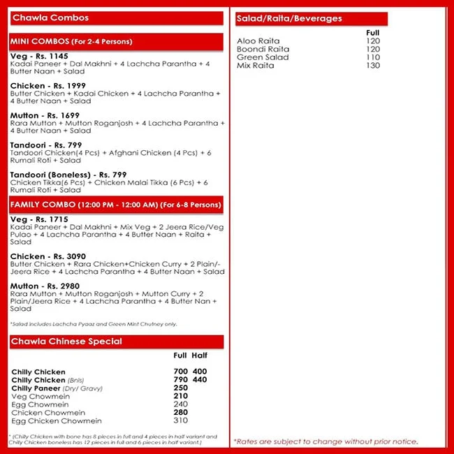 Chawla Chicken menu 