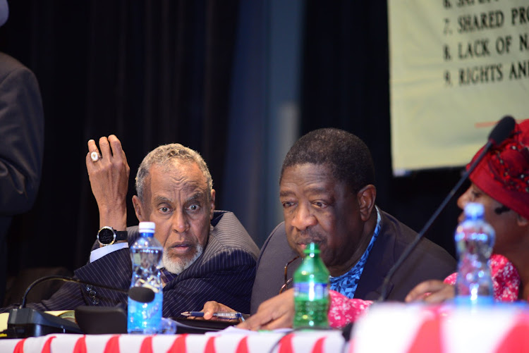 BBI chairman Senator Yusuf Haji and Amos Wako at a citizens' engagement forum in Nairobi.