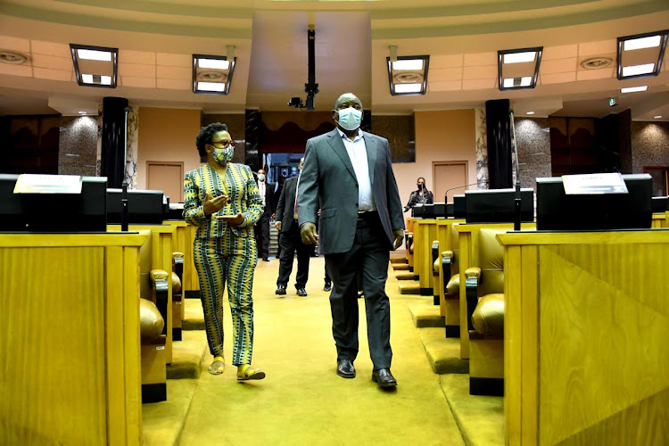 President Cyril Ramaphosa walks through the parliament chambers ahead of the state of the nation address on Thursday.