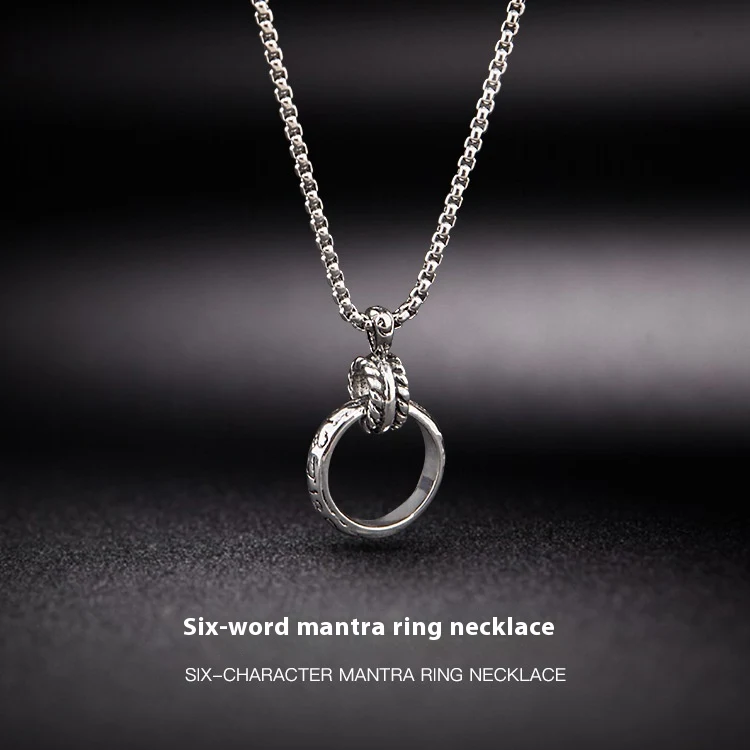 Title 1, Collier avec pendentif anneau six mots en acier...