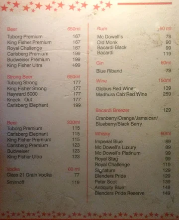 Bar One menu 