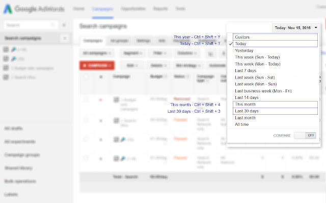 AdWords HotKeys chrome extension