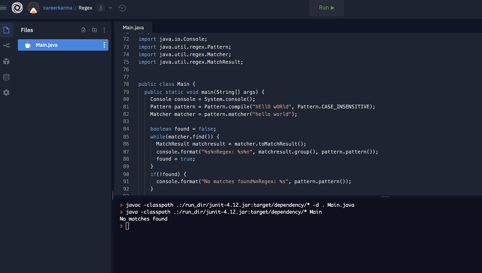 Career Karma’s repl.it with a Java Regex Tester