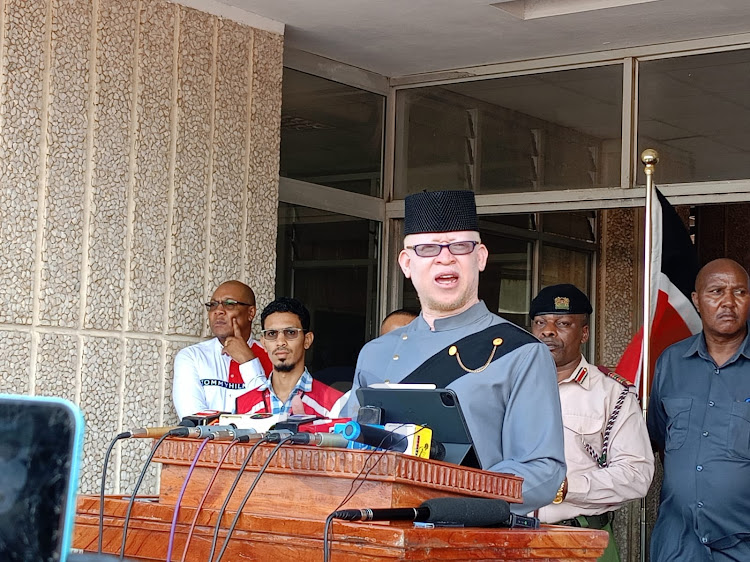 Government spokesperson Isaac Mwaura at Coast regional headquarters in Mombasa on Monday / JOHN CHESOLI