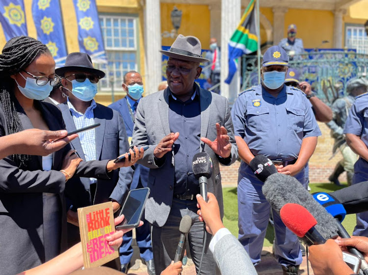 Police minister Bheki Cele addresses the media at the Castle of Good Hope on February 10 2022 after urging hundreds of police officers to ‘protect South Africans’ when they are deployed for Sona.