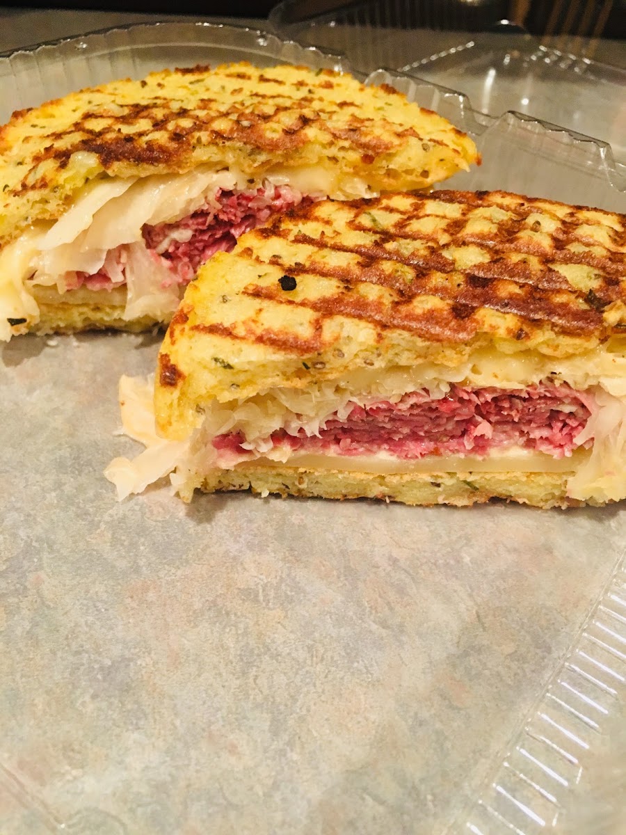 Gluten Free  Reuben on their homemade gluten free rosemary focaccia roll