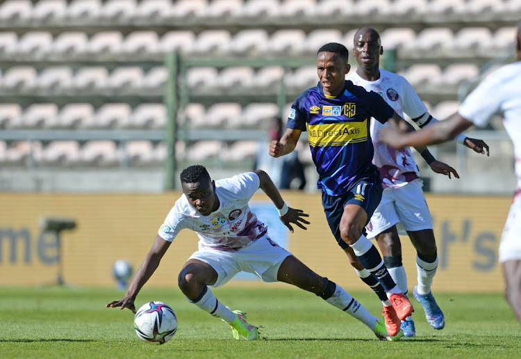 Surprise Ralani of Cape Town City goes past Wambi Strydom of Swallows FC during the 2021 MTN8 1st leg semifinal game between Cape Town City and Swallows FC at Athlone Stadium in Cape Town on 29 August 2021.