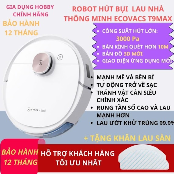 Robot Hút Bụi, Robot Hút Bụi Ecovacs Deebot T9 Max Lau Nhà Thông Minh Lau Dọn Nhà Cao Cấp