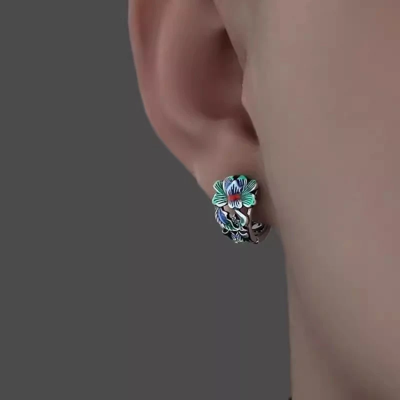 Title 5, Cloisonné pioenbloem heren oorbellen Mode siera...