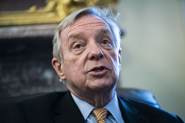 Senator Dick Durbin, a Democrat from Illinois, speaks to members of the media during a pen and pad briefing in the US Capitol in Washington, D.C., US, on Monday, January 31, 2022. US senators are close to agreeing on a Russia sanctions bill that could include penalties even if the Russian president doesn't send troops into Ukraine.