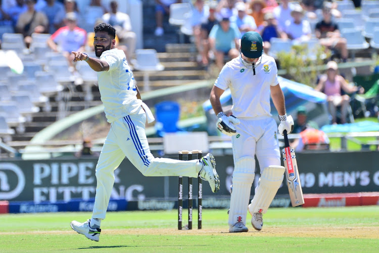 Mohammed Siraj of India celebrates the wicket of David Bedingham of South Africa on day one of the second Test at Newlands on Wednesday.