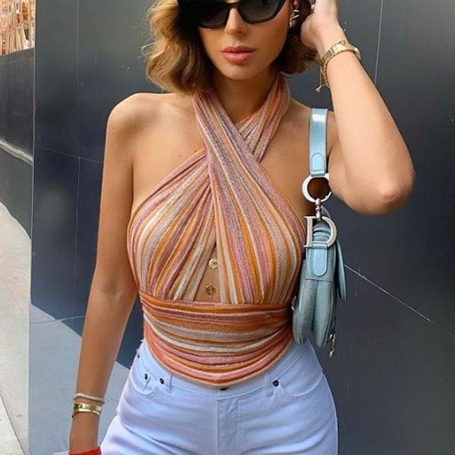 Title 2, Explosive Style Striped Halter Neck Strap Sexy ...