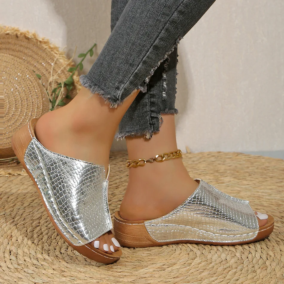 Sandalias de cuña peep toe fáciles de poner, elegantes y simples, perfectas para el verano, cómodas y a la moda.