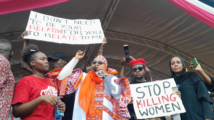 Mombasa woman rep Zamzam Mohammed addressing residents marching against femicide on January 27, 2024.