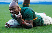 South Africa's Makazole Mapimpi celebrates scoring his second try  against Scotland on Saturday. 