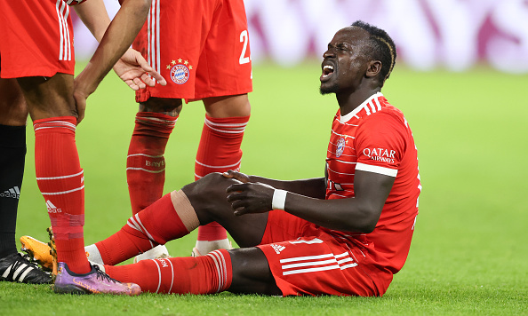 Sadio Mané of Bayern Muenchen was injured during the Bundesliga match against SV Werder Bremen at Allianz Arena on November 8 2022 in Munich, Germany.