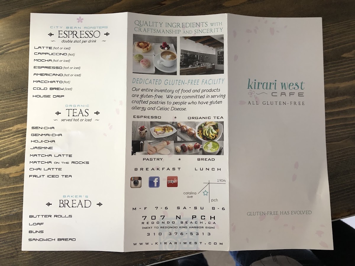 Kirari West Bake Shop gluten-free menu