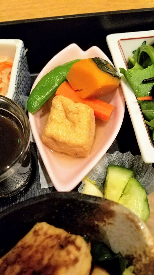 Chef Naoko's Shizuku - a restaurant with natural and organic Japanese cuisine, this is their vegan Shokado, an abbreviated kaiseki meal in a square lacquered box and a few small sides, including this dish of marinated tofu, carrots, sweet potato, and snap pea