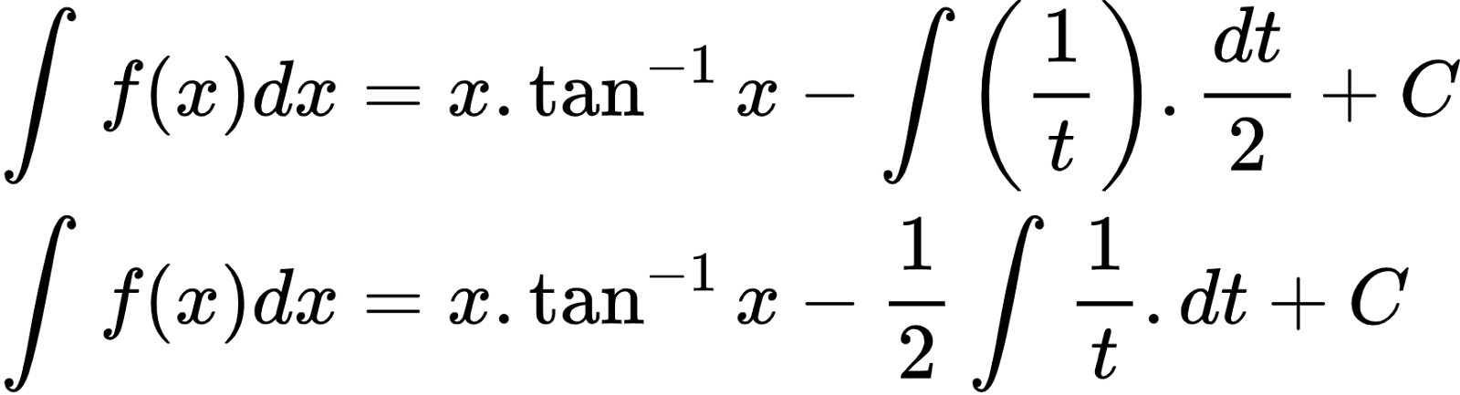 {"type":"align*","font":{"color":"#000000","size":10,"family":"Arial"},"code":"\\begin{align*}\n{\\int_{}^{}f\\left(x\\right)dx}&={x.\\tan ^{-1}x-\\int_{}^{}\\left(\\frac{1}{t}\\right).\\frac{dt}{2}+C}\\\\\n{\\int_{}^{}f\\left(x\\right)dx}&={x.\\tan ^{-1}x-\\frac{1}{2}\\int_{}^{}\\frac{1}{t}.dt+C}\t\n\\end{align*}","id":"3-0-0-0-0-0-0-1-0-1-1-0-1-0-1-1-1-1-1-1-1-1-0-1-0-1","ts":1601713768164,"cs":"tnF0yTA6spo9iyvtuWMlcg==","size":{"width":288,"height":77}}