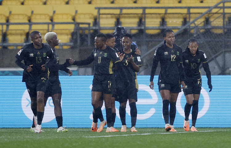 South Africa's Hildah Magaia celebrates scoring against Sweden with Bongeka Gamede and other teammates in their World Cup clash against Sweden at Wellington Regional Stadium, New Zealand on July 23 2023.