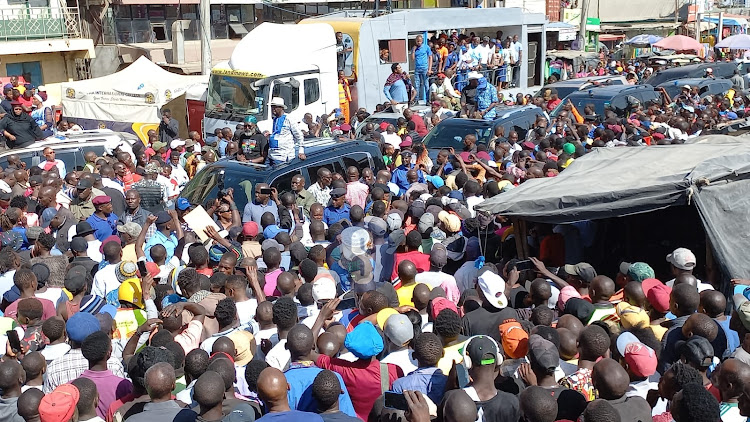 Azimio leader Raila Odinga leads the political outfit leaders at a public consultation meeting in Mlolongo on February 10.