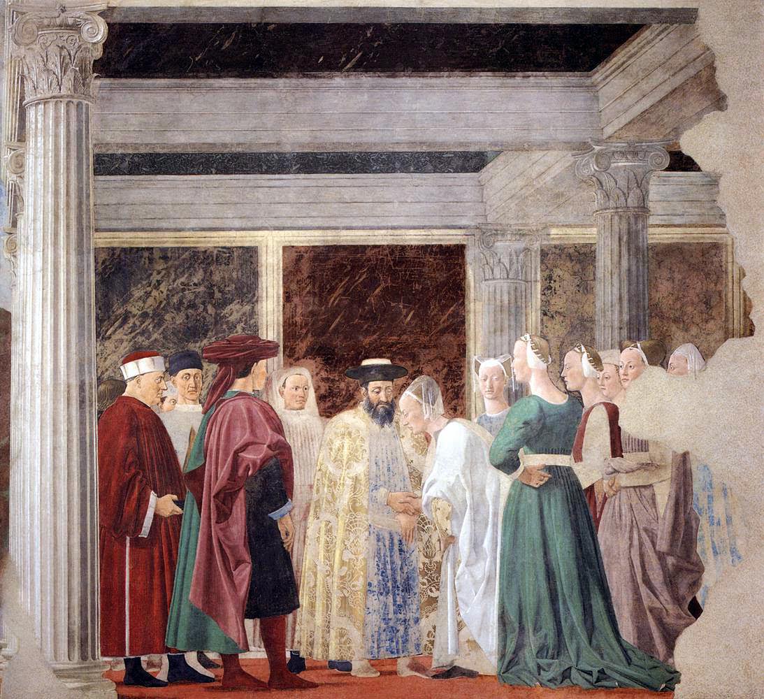 Piero della Francesca, Incontro tra Salomone e la Regina di Saba (parete destra), affresco, Basilica di San Francesco, Arezzo