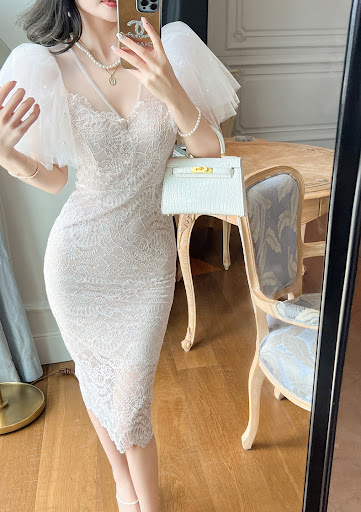 Title 8, French Mesh Puff Sleeve Waist Lace Dress Women