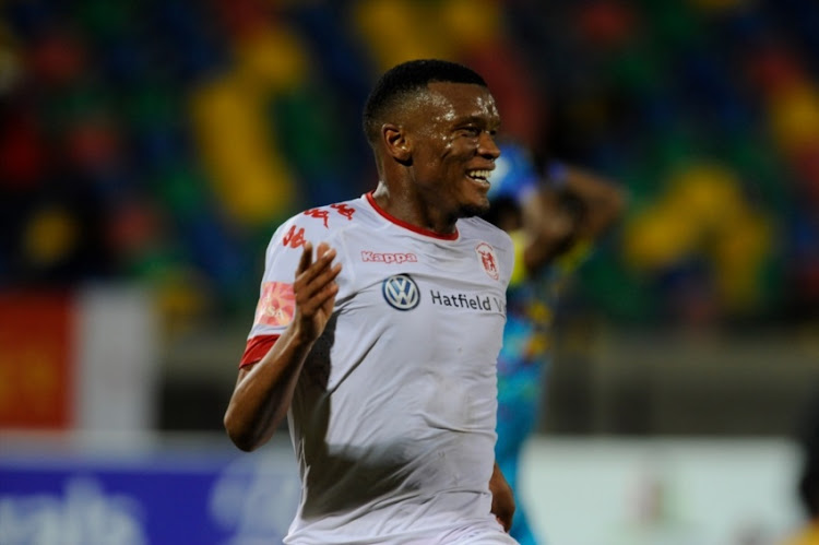 Mothobi Mvala of Highlands Park FC celebrating their equalizer during the Absa Premiership match between Bloemfontein Celtic and Highlands Park at Dr. Molemela Stadium on April 25, 2017 in Bloemfontein.