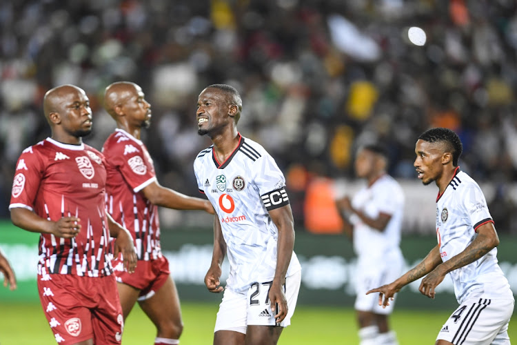 Orlando Pirates captain Tapelo Xoki celebrates scoring a penalty during the Nedbank Cup final match between Orlando Pirates and Sekhukhune United.
