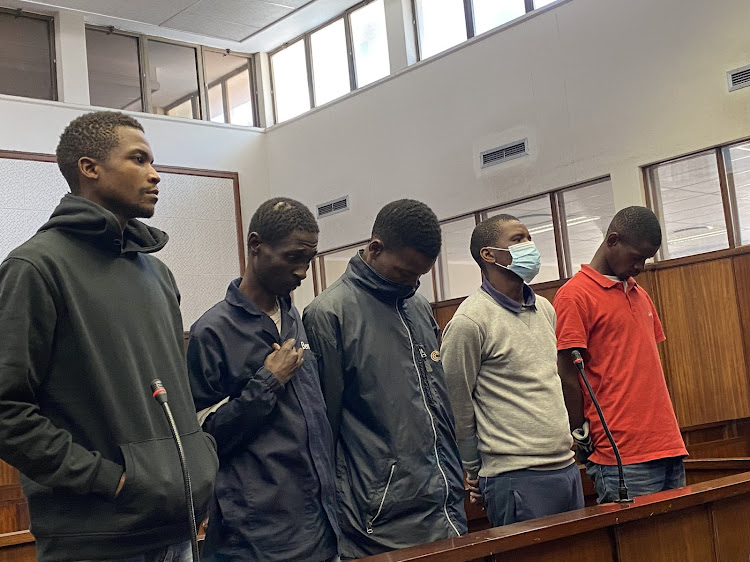 Sihle Mkhize, Siyabonga Maye, Kwanele Makhaye, Sandile Mkhize and Thobani Mhlongo appeared at the Durban magistrate's court in connection with the murder of Mangosuthu University of Technology electrical engineering lecturer Shan Dwarika. File image.