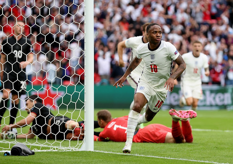 Raheem Sterling of England celebrates after scoring their first goal in the Uefa Euro 2020 Championship round of 16 match against Germany at Wembley Stadium on June 29 2021.