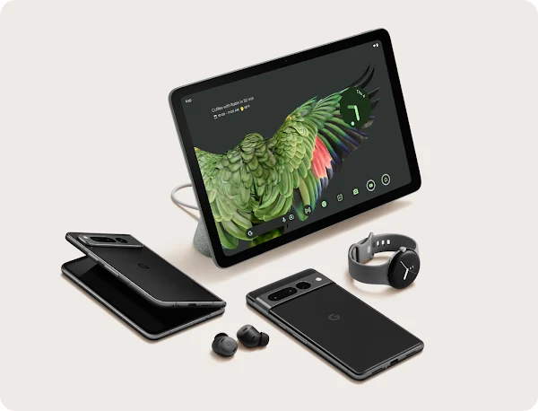 A portfolio of Pixel products such as the Pixel Tablet, Pixel Fold, Pixel 7a, Pixel Watch, and Pixel Buds. 