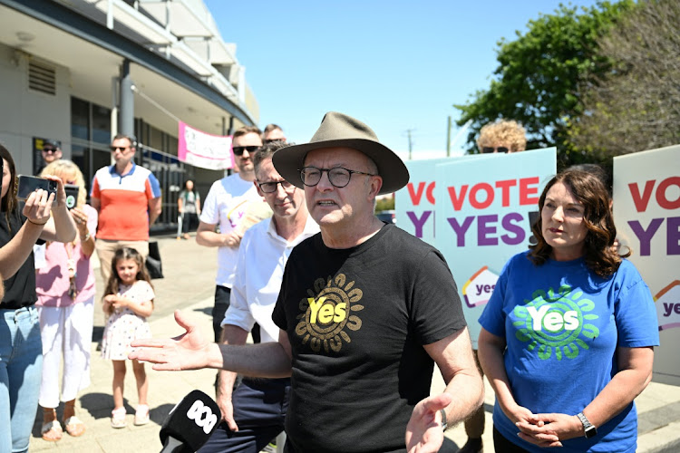 Australian Prime Minister Anthony Albanese speaks at a polling booth during The Voice referendum in Dapto, Wollongong, Australia, October 14 2023. Picture: AAP IMAGE/DEAN LEWINS/REUTERS