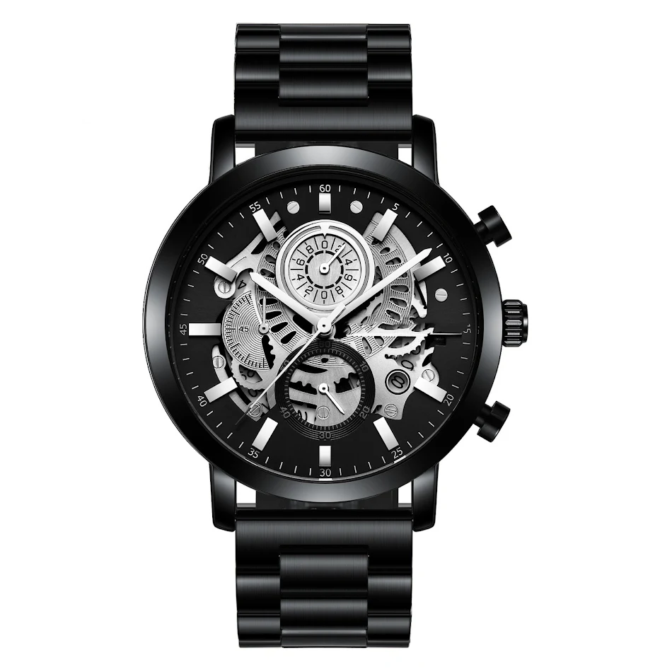 Multifunctionele heren horloge met kalender en open design. Houd tijd en datum bij met stijl en functionaliteit met dit unieke horloge.