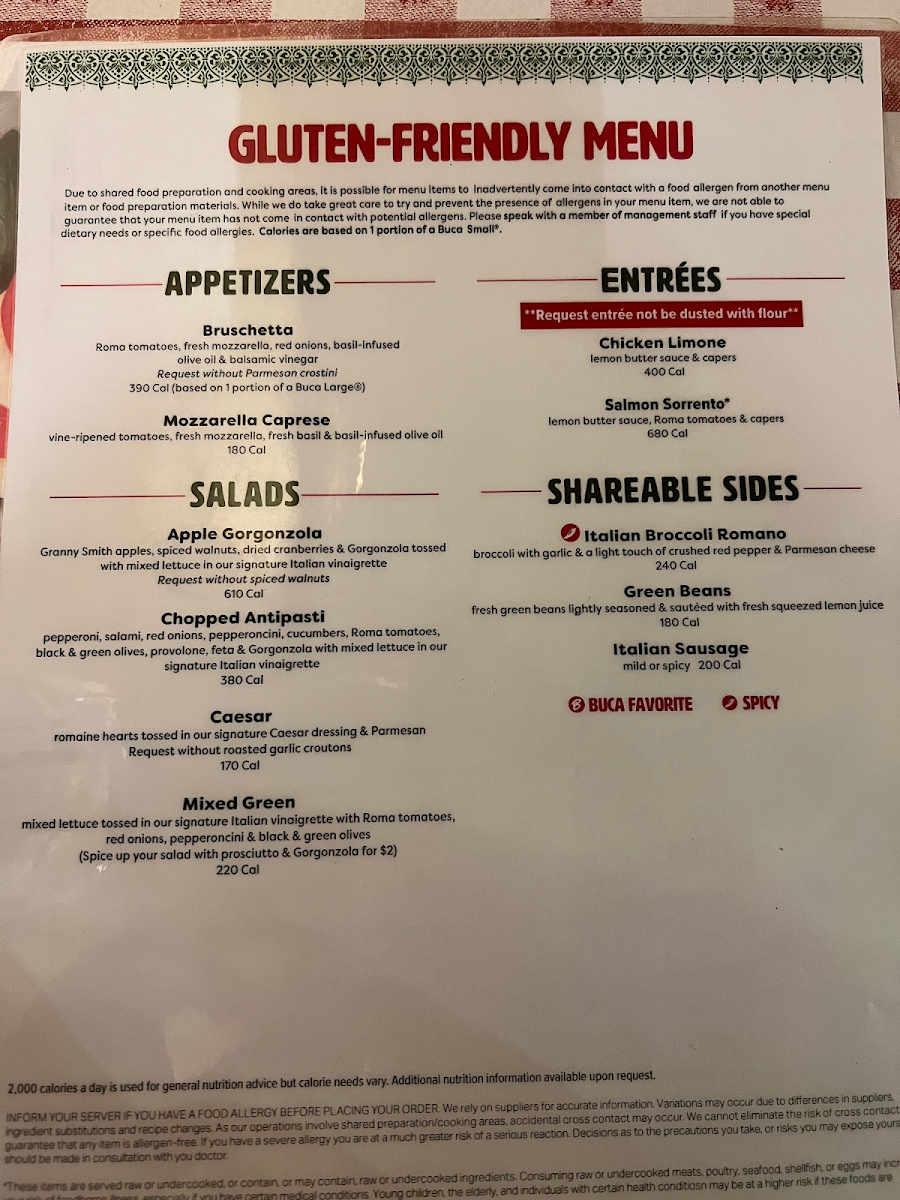 Gluten free menu