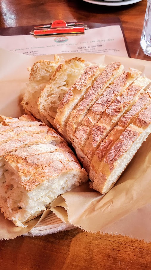 Bread basket at Maccheroni Republic in downtown LA offering homemade fresh organic pasta