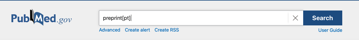 a screenshot showing a search for the publication type, preprint in PubMed.